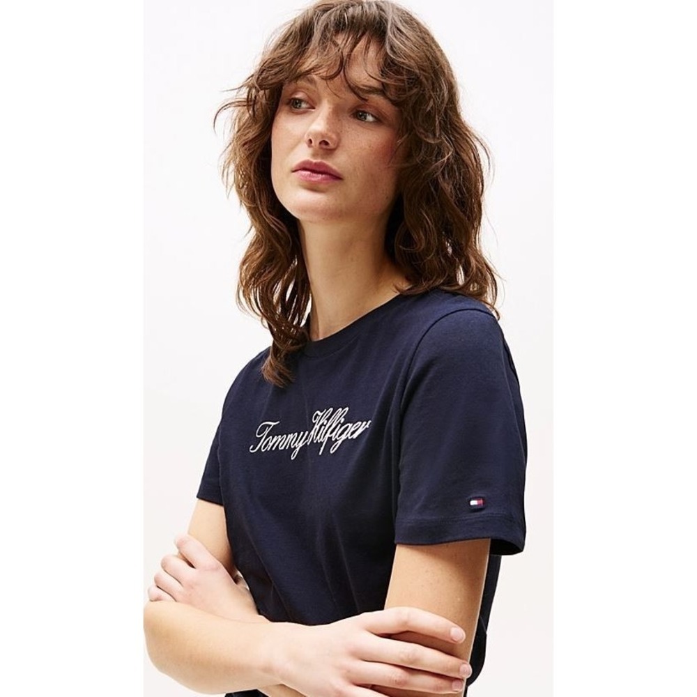Tommy Hilfiger Women's Short Sleeve Crew Logo Cursive T-Shirt in Navy XLarge - Picture 2 of 8